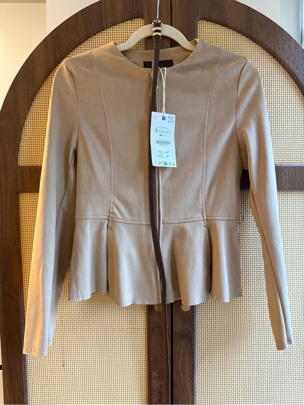 Zara faux suede camel jacket with belt - NWT! Size SMALL